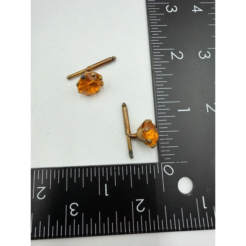 Vintage Amber Glass Stone Cufflinks Bronze Tone Round Faceted T-Bar Mens Jewelry